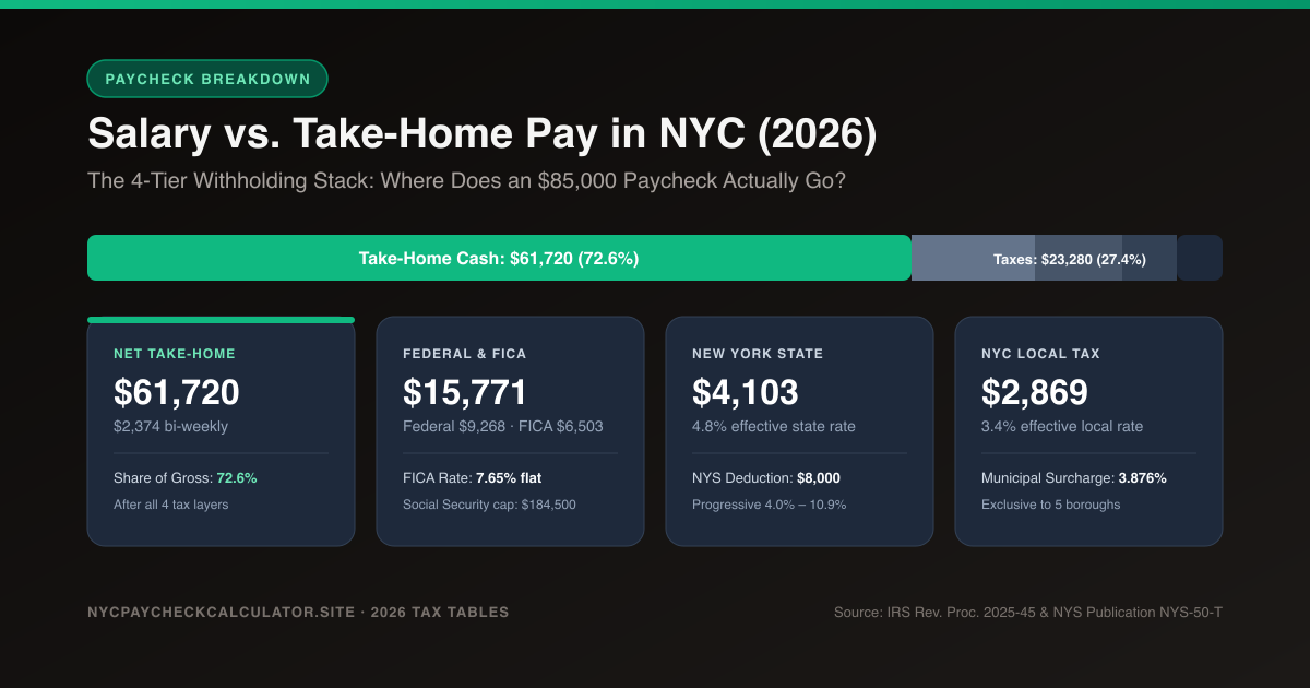Salary vs Take-Home Pay in NYC 2026: 4-tier withholding stack breakdown